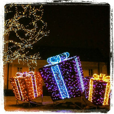 Picture of Certified Lights' Large outdoor Christmas Decorations. This is a light up gift box Christmas decoration with LEDs for commercial holiday projects.