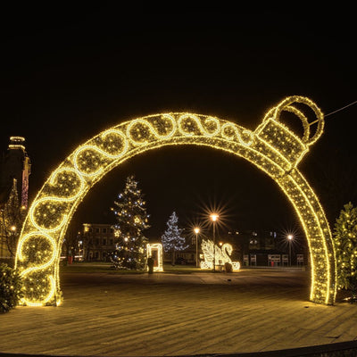 Picture of Certified Lights' Giant Christmas Decor. This is an oversized walk-through Christmas arch ornament decoration with LEDs for commercial projects.