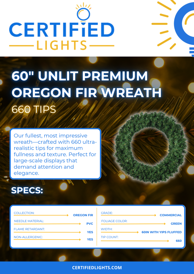 60-inch unlit premium Oregon Fir wreath with 660 lush tips, perfect for holiday and winter decor.