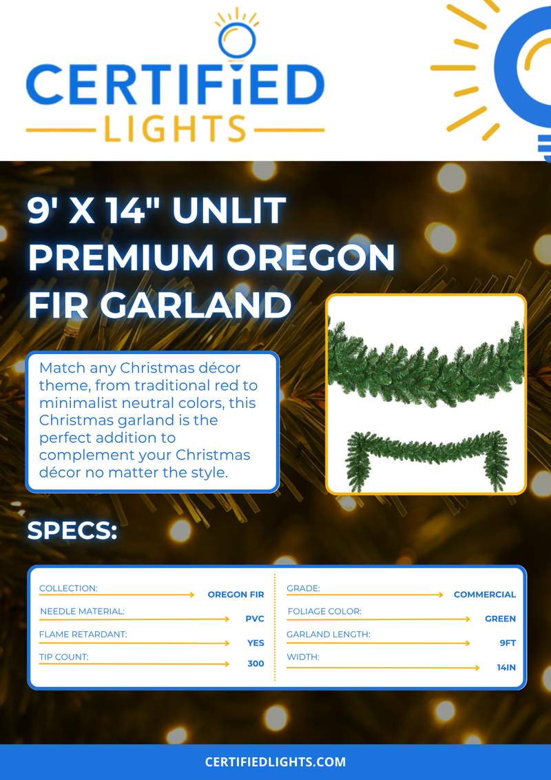 Certified Lights 9ft x 14in unlit premium Oregon Fir Christmas garland with 300 tips, ideal for holiday decorating