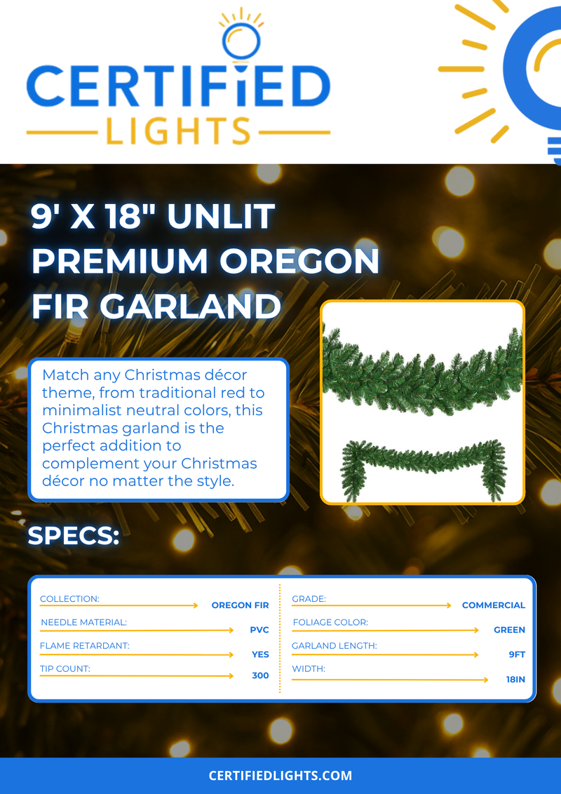 Certified Lights 9ft x 18in unlit premium Oregon Fir Christmas garland with 300 tips, ideal for holiday decorating