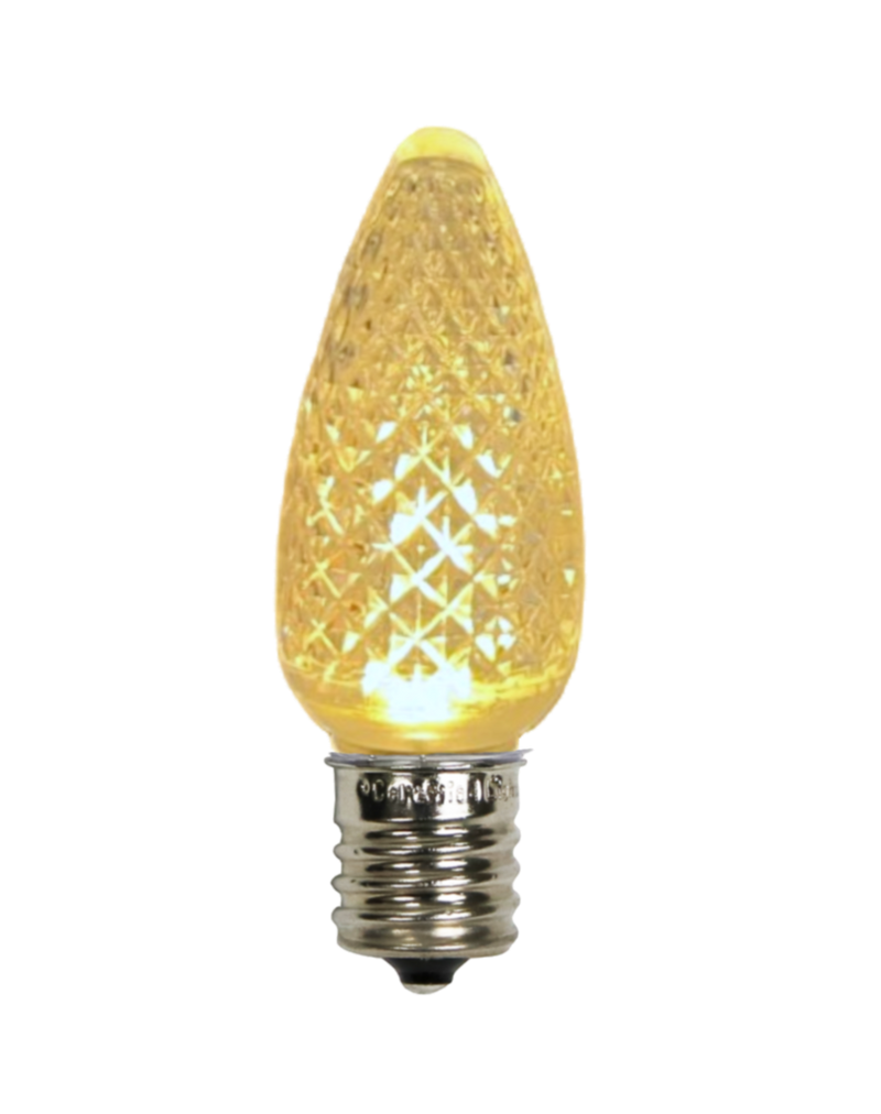 Picture of lit C9 Christmas light bulb in warm white