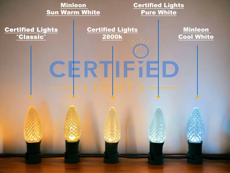 Side-by-side comparison of five C9 LED Christmas bulbs showing color temperatures from warm white to cool white, including Certified Lights and Minleon options