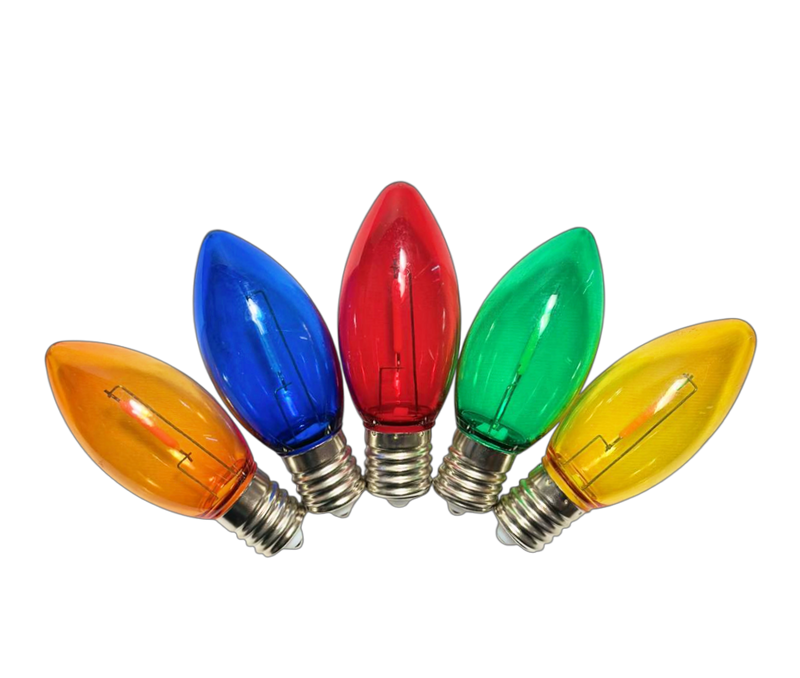 Set of five C9 transparent LED filament bulbs with E17 bases in red, green, blue, orange, and yellow, ideal for Christmas string light displays