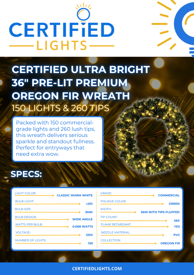 Certified Lights ultra bright 36-inch pre-lit Oregon Fir wreath with 150 LED lights and 260 lush tips, perfect for holiday decor.