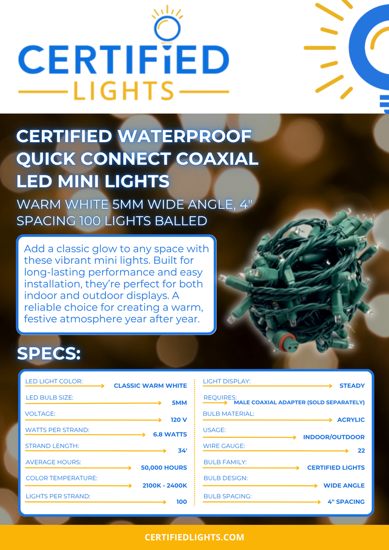 Certified Waterproof Quick Connect Coaxial LED Mini Lights - Warm White 5mm Wide Angle, 4" Spacing 100 Lights Balled