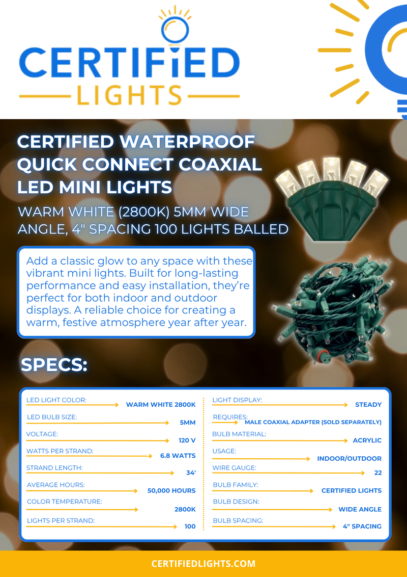 Product spec sheet for Certified Lights 2800K warm white 5MM LED mini lights with coaxial quick connect, 4-inch spacing and 100 lights per strand