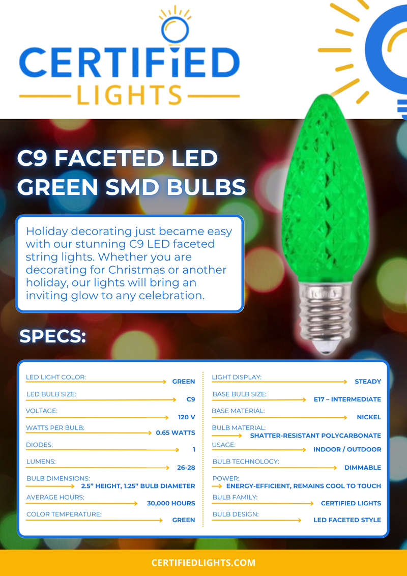 Product spec sheet for Certified Lights C9 faceted green LED SMD bulb showing dimensions, wattage, lifespan, and usage for indoor and outdoor holiday lighting
