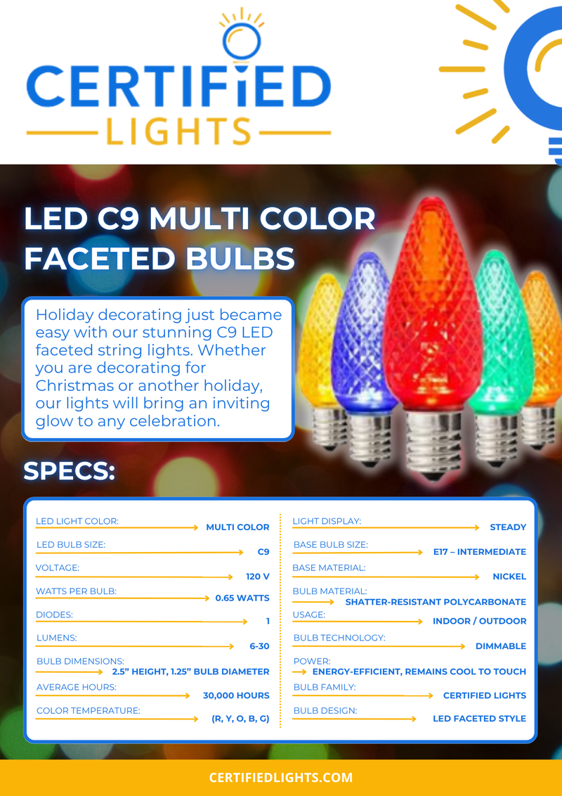 Product spec sheet for Certified Lights C9 faceted multi-color LED SMD bulb showing dimensions, wattage, lifespan, and usage for indoor and outdoor holiday lighting