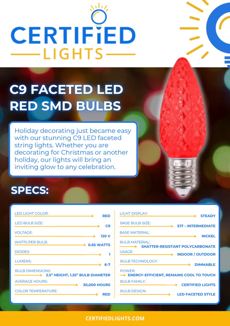 Product spec sheet for Certified Lights C9 faceted red LED SMD bulb showing dimensions, wattage, lifespan, and usage for indoor and outdoor holiday lighting
