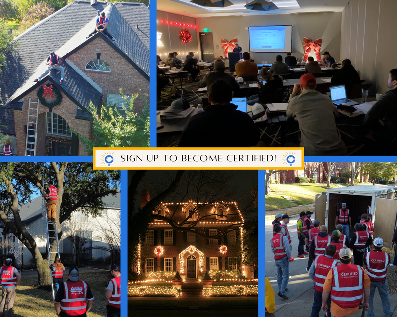 Collage showing Certified Lights installer training, hands-on outdoor practice, classroom instruction, and certified crew setup with sign-up call to action