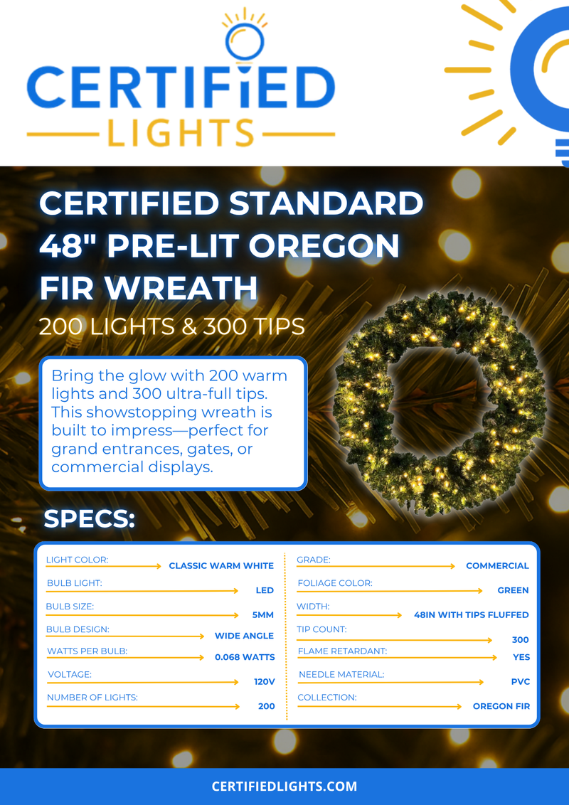Certified Lights 48-inch pre-lit Oregon Fir wreath with 200 classic warm white LED lights and 300 lush tips.