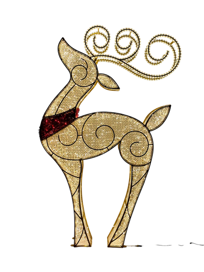 Elegant gold LED reindeer sculpture with swirling design and red glitter scarf, shown on transparent background for holiday décor planning and design use
