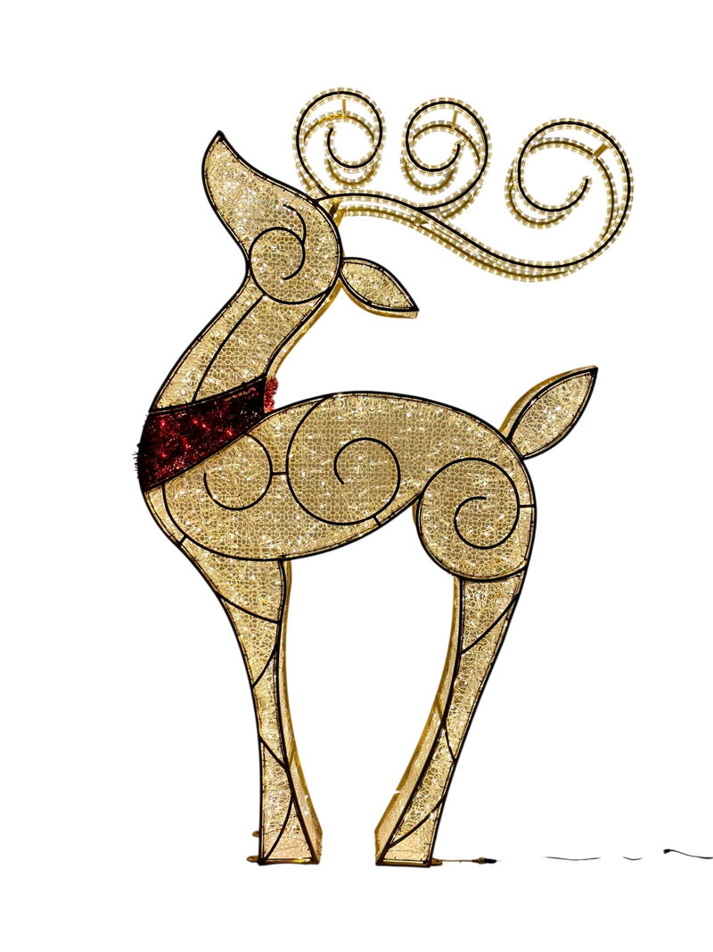 Elegant gold LED reindeer sculpture with swirling design and red glitter scarf, shown on transparent background for holiday décor planning and design use