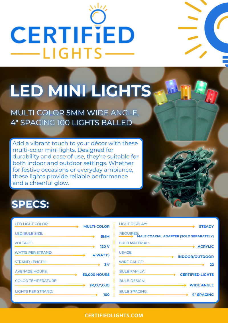 LED Mini Lights - Multi Color 5mm Wide Angle, 4" Spacing 100 Lights Balled