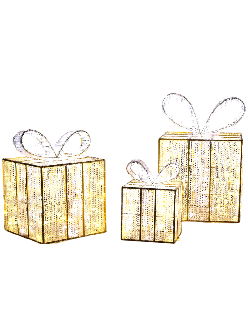Set of three illuminated warm white LED gift boxes with pure white ribbon bows, isolated on transparent background for use in commercial holiday design layouts
