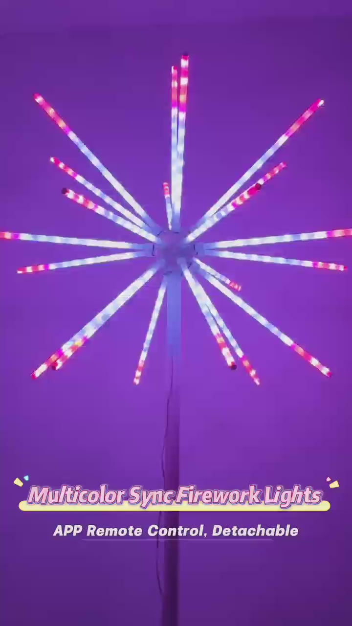 Assembly process of 8-foot RGB DMX fireworks light with LED spokes and pole mount, designed for outdoor commercial holiday and event lighting installations