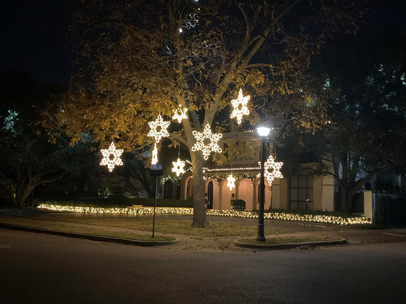 picture of a tree decorated with hanging ed snowflakes